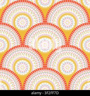 Gestrichelte Linien in Muschelformen, nahtloses Vektormuster, abstrakter geometrischer Hintergrund, Boho Ethno-Design mit konzentrischen Halbkreisen und Kreisen mit Stock Vektor