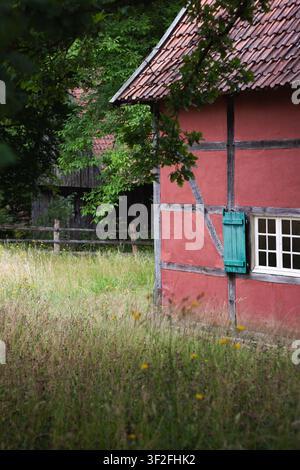 Ecke eines historischen roten Fachhauses mit verwitterten Balken und türkisfarbenen Holzläden, gesehen über eine Sommer-Wildblumenwiese an einem Freilichtmuseum Stockfoto