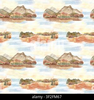 Herbstliche Berglandschaft Aquarell nahtloses Muster. Künstlerische Szene von Hügeln, Hain und Himmel handgezeichnet in Erdtönen. Dekoratives ruhiges Herbstlandschaftsbild Stockfoto