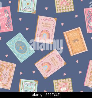 Niedliches nahtloses Vektormuster mit Büchern und Lesen auf einem dunkelblauen Hintergrund. Handgezeichnete flache Illustrationen von Büchern, Notizbüchern, einem Lesetagebuch und Herzen. Geschenkpapier für Buchhandlungen, Bibliotheken oder Buchclubs. Stock Vektor