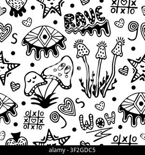 Schwarze Linie, psychedelisches, von Hand gezeichnetes nahtloses Muster. Monochromer Umriss, endloser Hintergrund. Pilze, Augen, verspielte Figuren und abstrakte Formen. Stock Vektor