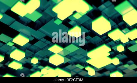 Leuchtende Würfel bilden ein elektrisches Netzwerk. Helle geometrische Muster stellen dynamische Datenströme dar Stockfoto