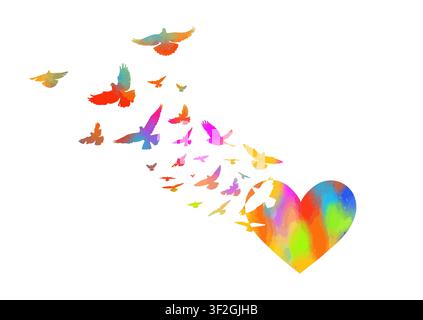 Abstrakte taubenfarbene Silhouette Herz und Vögel. Handzeichnung. Nicht KI. Vektorillustration Stock Vektor