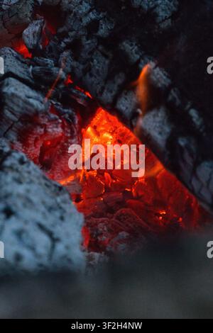 Sammlung von rustikalen Holztexturen mit Astzäunen, gestapeltem Brennholz und glühenden Kohlen, die natürliche Materialien und Leben im Freien präsentieren. Stockfoto