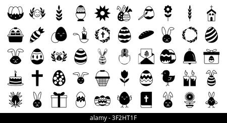 Oster-Tag-Glyphen-Symbolset mit Hasen, Eiern, Kirche und christlichen Symbolen Vektorillustration Stock Vektor