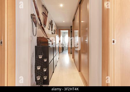 Heller Flur mit wandmontierten Musikinstrumenten, dunklen Schränken, hellem Holzfußboden und Schiebetüren aus Holz. Stockfoto