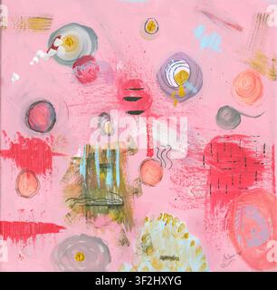 Abstraktes rosa Mixed-Media-Gemälde mit Kreisen und goldenen Akzenten von der Künstlerin Jennifer T.C. Stockfoto