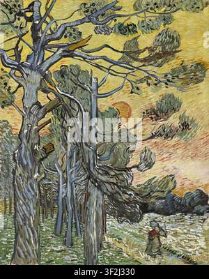 Vincent van Gogh – Kiefern bei Sonnenuntergang / Kiefer mit weiblicher Figur im Sonnenuntergang, 1889 postimpressionistische Landschaft, Öl auf Leinwand Stockfoto