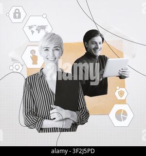 Glückliche kaukasische Frau, die ein Klemmbrett hält, und lächelnder Millennial-Mann, der ein Tablet benutzt, Geschäftskonzept Stockfoto