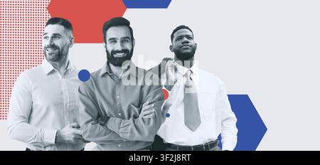 Drei professionelle Männer lächeln und posieren zusammen in Business-Kleidung, Business-Konzept Stockfoto