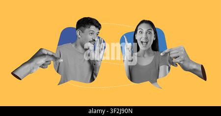 Glücklicher hispanischer Mann und Frau, die zu Hause mit Gesten sprechen und kommunizieren, Gesprächskonzept Stockfoto