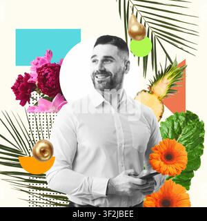 Lächelnder kaukasischer Mann, der ein Smartphone in einer kreativen Collage mit Früchten und Blumen hält, Geschäftskonzept Stockfoto