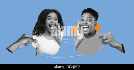 Zwei glückliche Frauen, die auf farbenfrohem Hintergrund reden und lachen, Kommunikationskonzept Stockfoto