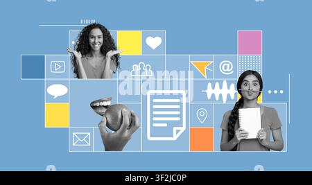 Lächelnde junge hispanische Frau, die ein Notizbuch und einen Apfel hält, Büroumgebung, Gesundheitskonzept Stockfoto