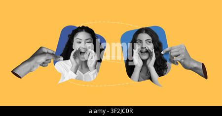 Zwei Frauen, die energisch mit Handgesten kommunizieren, gelber Hintergrund, visuelles Engagement Stockfoto