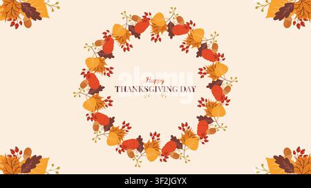 Niedliche Truthahn-Herbstblätter und Kranz-Einladungsvorlage für Thanksgiving. Für Grußkarten-Party-Einladung Druck und Webdesign, Vektorillustration. Stock Vektor