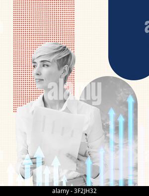 Konzentrierte junge Frau analysiert Daten im Büro, Geschäftskonzept Stockfoto