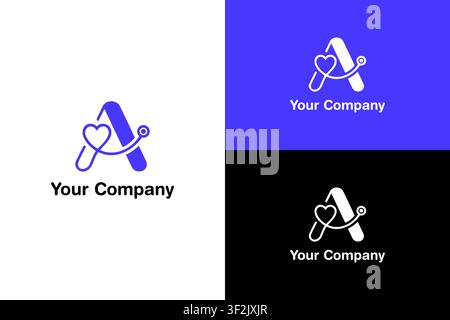 Minimalistisches Logo-Design mit Buchstabe A und Symbolen für Herz und Stethoskop für medizinische, Krankenhaus- oder Gesundheitsunternehmen. Stock Vektor