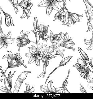Botanische gehäkelte Skizze von einer Lilienblüte nahtloses Muster. Wiederholungs-Hintergrunddesign mit floralen Elementen handgezeichnet. Schwarz-weißer Tintenblumendruck Stock Vektor