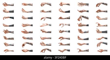 Frauen mit Tattoos, die etwas halten, Nahaufnahme. Sammlung von Handgesten auf weißem Hintergrund Stockfoto