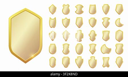 Set realistischer goldener Wappenschilde. Kollektion aus Glas und Hochglanzschild. Vektorabbildung Stock Vektor