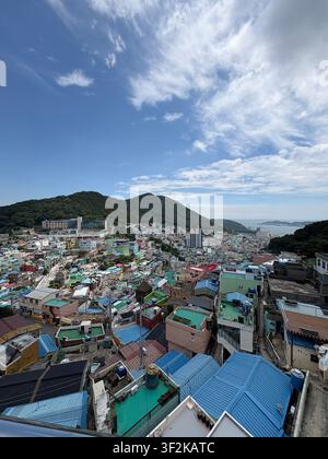 15. Juli 2025, Busan, Südkorea – Luftbild-Panoramablick auf das Gamcheon-Kulturviertel mit dicht gedrängten farbenfrohen Dächern, die einen Hügel hinunterkaskadieren, vor blauem Himmel. Stockfoto