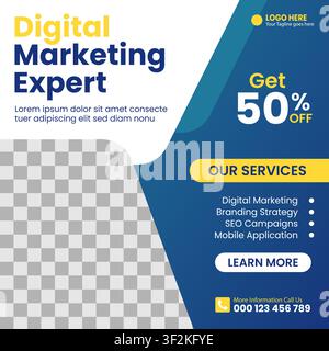 Digital-Marketing-Experte-Social-Media-Banner-Vorlagendesign mit einem Geschäftsteam, das drinnen zusammenarbeitet Stock Vektor