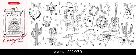 Handgezeichnetes, verspieltes Cowgirl-Set mit Western-Mädchen, Fahndungsplakat, Pferd, Stiefel, Diskokugel, Spielkarten, Gitarre und Bullenschädel. Niedliche Rodeo-Ästhetik Stock Vektor