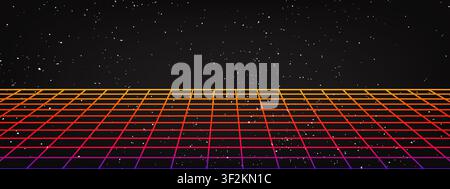 Retro-Perspektiv-Gitter-Bodenhintergrund mit Neon-Gradient-Drahtrahmen. Futuristischer 80er-Stil. Cyber-Technologie-Vorlage für Sci-Fi-Banner und Posterdesign Stock Vektor