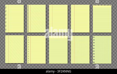 Gelbe rechtliche A4-Notizblock-Sammlungsbogen 10 in 1. Papiernotizbuch rechtliches Memo-Set linierte und kariertes Papier leere Layoutvorlage. Gitterlinien che Stock Vektor