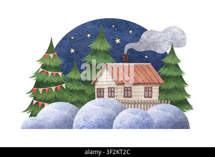Aquarell-Weihnachtslandschaft mit einem Winterdorfhaus und schneebedecktem Wald Stockfoto