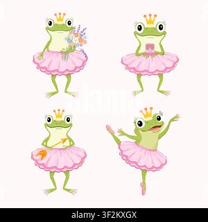 Niedliches Frosch-Prinzessin-Ballerina-Charakter-Set. Vektorillustration eines lustigen Frosches in einem rosafarbenen Tutu-Rock und einer goldenen Krone, der Blumen und eine Ringbox hält, ein Stock Vektor