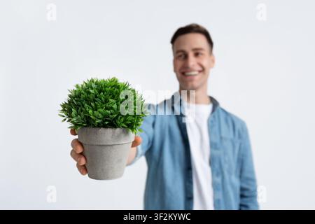 Topfpflanze in Herrenhand auf weißem Hintergrund Stockfoto