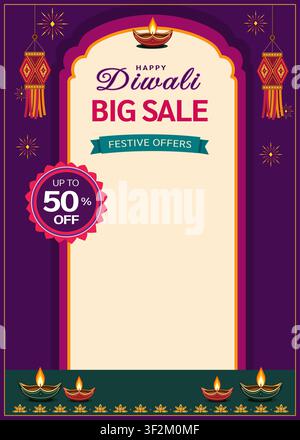 Fröhliches Diwali-Großverkaufs-Poster-Vorlage mit festlichen Angeboten, Rabattabzeichen und traditionellen Öllampenlaternen-Dekoration Stock Vektor