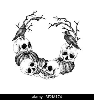 Kranz aus trockenen Ästen, menschlichen Schädeln, Halloween-Kürbissen und einem schwarzen Raben. Gravur-Stil-Vektor. Detaillierter gotischer Rahmen, handgezeichnete isolierte Illustration Stock Vektor