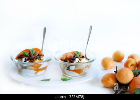 Zwei Glasbecher gefüllt mit sommerlichem Aprikosen-Tiramisu-Parfait, Löffelbiskuits, Joghurtcreme und dekoriert mit frischen Aprikosen, Mandeln, Schokolade. Stockfoto