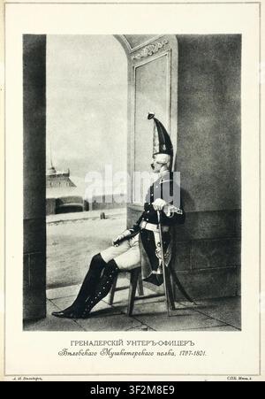 Grenadier-Unteroffizier des Yelets-Musketier-Regiments in voller Ausgehuniform während der Regierungszeit von Kaiser Paul I., 1797–1801. Er ist dargestellt, wie er während seines Wachdienstes sitzt und die charakteristische Grenadier-Mitraille-Kappe trägt sowie ein Steinschloss-Musket mit Bajonett trägt. Illustration reproduziert aus der Ausgabe von 1900 von Alexander Viskovatovs historischer Studie über russische Armeeuniformen und Ausrüstung. Stockfoto