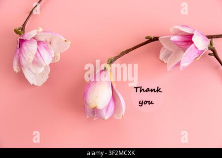 Minimalistische florale Komposition mit Magnolienblüten und Danksagung. Stockfoto