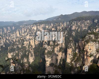 5. November 2025, Wulingyuan, Zhangjiajie, China – Dramatische Sandsteinpfeilerformationen erheben sich aus einem bewaldeten Tal in der Wulingyuan-Landschaftszone, UNESCO-Weltkulturerbestätte. Stockfoto