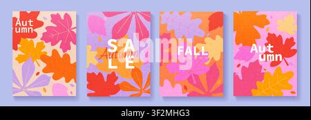 Set moderner Herbstverkaufsflyer. Moderne helle bunte herbstliche Hintergründe. Herbsthintergründe für Werbung. Kreative Herbst-Designvorlage mit Blattlaub und Textur-Effekt. Vektorillustration Stock Vektor