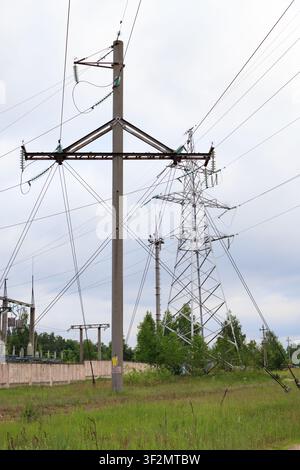 Hochspannungsleitungen vor dem Hintergrund eines Kiefernwaldes. Lange Übertragungsmasten erstrecken sich durch eine wilde Waldlichtung. Vertikales Bild Stockfoto