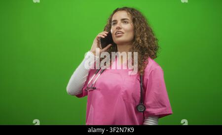 Ärztin in rosa Peelings mit Stethoskop, das Telefon zu Ohr hält, spricht und Hand zu Ohr im Atelier; Sorge um Dringlichkeit. Stockfoto