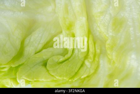 Eisbergsalat-Salat Makrotextur. Frische grüne Gemüseblätter Nahaufnahme, Eisbergsalatblatt-Hintergrund Nahaufnahme Stockfoto