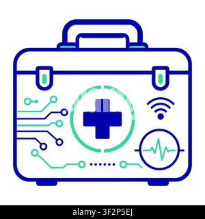 Medizinischer Erste-Hilfe-Kasten mit einem Kreuzsymbol, Leiterplattenelementen und Funksignal, digitale Gesundheitsversorgung und Notfalltechnologie Stock Vektor