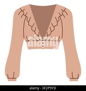 Rüschen-Crop-Bluse mit tiefem V-Ausschnitt, langen Ärmeln und weicher geraffter Form. Technische Modeillustration Vorderansicht in Farbe, klarer flacher Vektorstil mit leichter weiblicher Silhouette. Stock Vektor