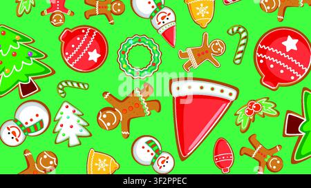 Flache Vektorillustration verschiedener eisgekühlter Feiertagskekse und festlicher Ornamente auf grünem Hintergrund. Stock Vektor