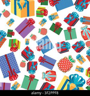 Flache Vektorillustration von verstreuten Feiertagsgeschenkboxen mit lebhaften Mustern und dekorativen Schleifen. Stock Vektor