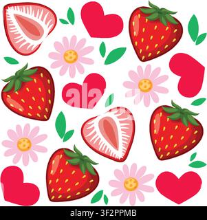 Flache Vektorillustration von ganzen und geschnittenen Erdbeeren mit Gänseblümchen auf weißem Hintergrund. Stock Vektor