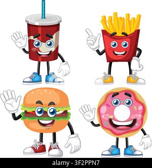 Lächelnde Cartoon-Maskottchen von Soda, Pommes, Burger und Donut in hellen Farben und verspielten Posen Stock Vektor