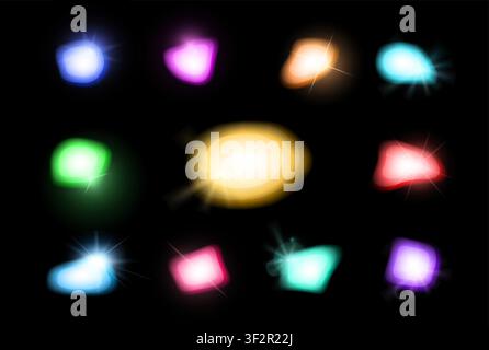 Glänzende Edelsteine Pack isoliert auf schwarzem Hintergrund. Schmucksymbol. Edelstein. Diamanten. Vektorillustration Stock Vektor